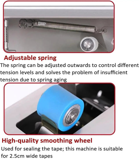 Handy Manual Tape Dispenser Sealer For Cardboard Boxes, Adjustable Length Tool showing adjustable spring and smoothing wheel.