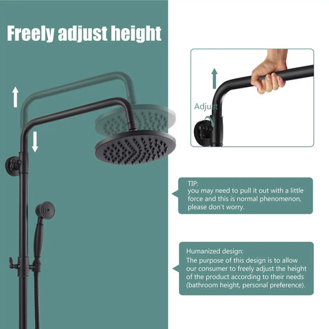 Freely adjustable Exposed Pipe Shower System With 8 Inch Rainfall Head, brass fixture, matte black finish, and dual handles.