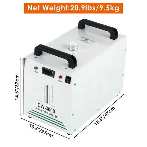 CW-3000 Water Chiller For Laser Engraving Machines, compact industrial cooling unit with dimensions and handles shown.