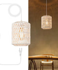 Super Easy Plug In Rattan Pendant Light With 15Ft Cord And Smooth Dimmer Switch Handwoven White Wicker Shade hanging above a table.
