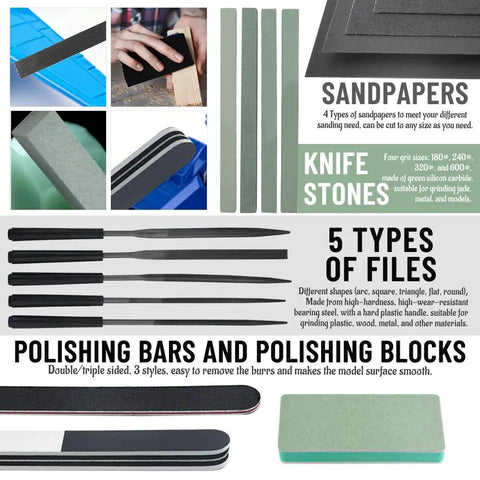 80 Piece Model Tools Kit For Gundam Cars Airplanes And Buildings Complete Hobby Building Tools Set For Model Makers Beginners And Pros Includes Diagonal Pliers And Safe Handling with sandpapers, knife stones, and polishing bars.