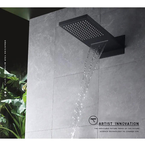 Wall Mounted Concealed Shower System With All Copper Thermostatic Valve Slick Matte Black Finish In Wall Waterfall Rain Shower Set Heavy Duty Hot Cold Mixing Valve Hella Smooth Water Flow Design For Modern Bathrooms