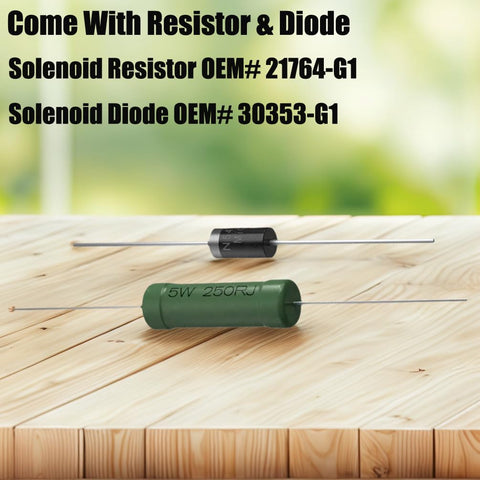36V EZGO Solenoid Relay Kit For EZGO Electric Golf Cart with included resistor and diode on a wooden surface