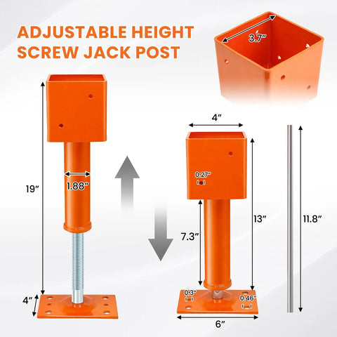 2 Pack 4X4 Adjustable Screw Jack Posts For Leveling Homes, Heavy Duty Steel Crawlspace Supports, 24700 LBS Load Rating, 13 To 19 Inch Range, Rust Busting Foundation Base Workhorse with measurements.