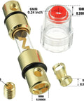 Inline AGU Fuse Holder Kit For 4 To 10 Gauge Wire With Six 100A AGU Fuses, showing measurements and parts, clear housing.
