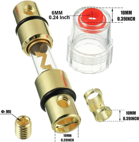 Inline AGU Fuse Holder Kit For 4 To 10 Gauge Wire With Six 100A AGU Fuses, showing measurements and parts, clear housing.