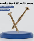 Two Top Shelf One Inch Exterior Deck Screws Bronze Epoxy Coated on blue display, showing rust resistance for outdoor use.