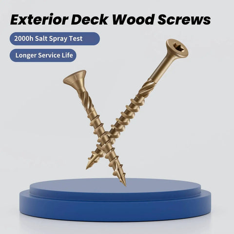 Two Top Shelf One Inch Exterior Deck Screws Bronze Epoxy Coated on blue display, showing rust resistance for outdoor use.