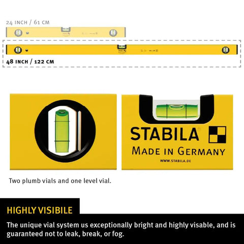 48 Inch Heavy Duty Aluminum Spirit Level Featuring Dead On Accuracy with two plumb vials and clear level vial.