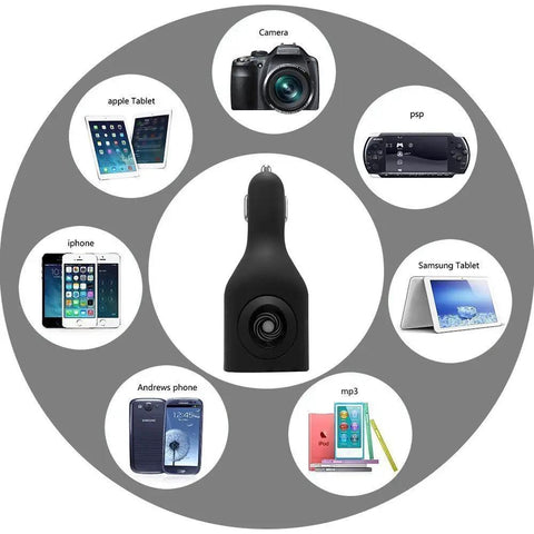Straight Up Game Changer 2 Pack Dual USB Car Charger With Foldable Wall Adapter Portable Quick Charge Hub displaying compatibility with devices.