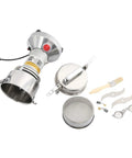 Components of Heavy Duty 700G Grain Mill Grinder With 2500W Powerhouse High Speed Electric Motor in stainless steel with tools
