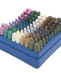 Epic 100-Piece Assorted Mounted Point Kit Includes Grinding Heads Polishing Wheels, assorted sizes and colors in a blue storage box.