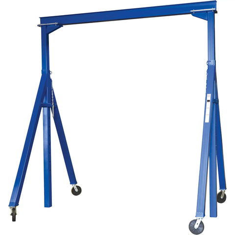 Workhorse Adjustable Steel Gantry Crane Rated 2000 Pounds 15 Foot Span with swivel casters for warehouse lifting.