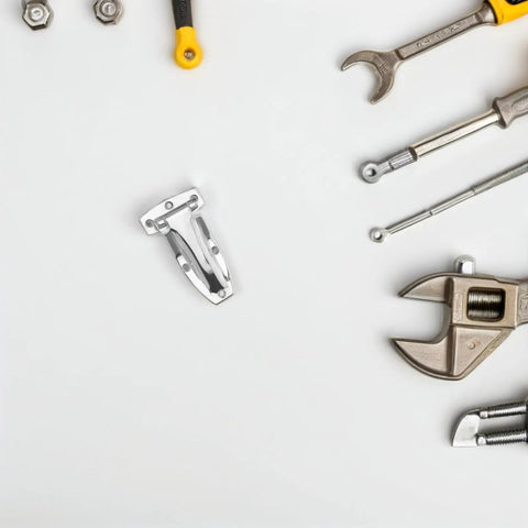 Beefy Heavy Duty Stainless Steel Hinges For Box Trucks Rear Doors And Cargo Containers alongside tools on a white background