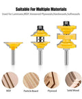 Pro 3-Piece T Slot Router Bit Set With Bearings For Precision Wood Milling Joinery And Rabbeting 8mm 12mm Shank Sizes image showing three router bits for various materials.
