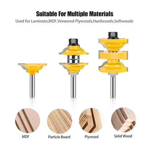 Pro 3-Piece T Slot Router Bit Set With Bearings For Precision Wood Milling Joinery And Rabbeting 8mm 12mm Shank Sizes image showing three router bits for various materials.