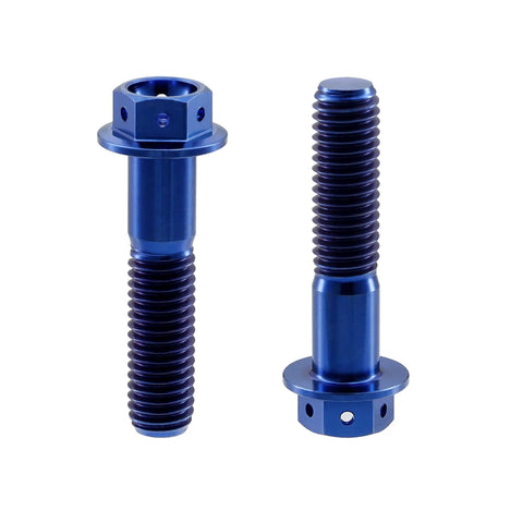 Aviation Grade Built Tough Blue Anodized Gr5 Titanium M8 X 1.25 X 40Mm Hex Flange Head Bolts Cross Drilled Safety Wire Mounts.