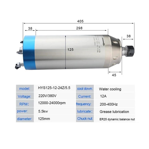 Diagram of Beefed-Up 5.5kW Water-Cooled CNC Spindle Motor With 4 Ceramic Ball Bearings, 125mm Mount, ER32 Collet, Ultra Quiet High-Speed 800Hz
