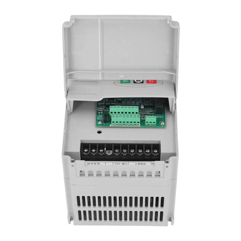 4KW Pro Grade Variable Frequency Drive VFD With Advanced Multi Stage Speed And Torque Control Motor Speed Controller For Single To Three Phase 220V 380V Applications Like Fans, Air Compressors, Pumps And Power Tools. gray plastic VFD enclosure with terminal block