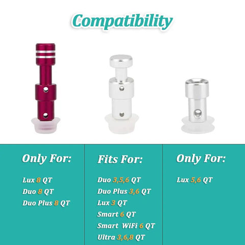 Compatibility chart for steam release handle replacement kit for Instant Pot Duo, Duo Plus, Lux models, showing different valve sizes.