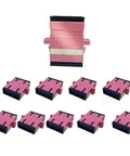 SC/UPC To SC/UPC OM4 Duplex Fiber Optic Adapter Multimode Connector Purple 10 Pack, showing full set and design details