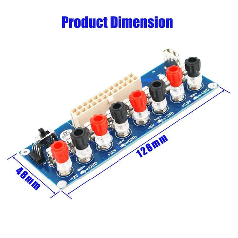 ATX Benchtop Power Breakout Adapter with USB 5V port, four output channels, dimensions 128mm by 48mm, top view