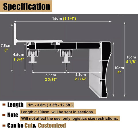 Heavy Duty Ceiling Curtain Track System With Smooth Silent Pulleys And Double Aluminum Runners Paired With A Slick Cornice Cover For Total Blackout and Effortless Home Setup specifications diagram