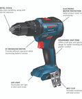 Cordless drill from 18V Brushless Two Tool Combo Kit With Hammer Drill And Driver And Impact Driver Wrench Includes Two 2Ah Batteries For Quick Rugged Power On Any Jobsite, showing features.