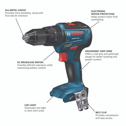 Cordless drill from 18V Brushless Two Tool Combo Kit With Hammer Drill And Driver And Impact Driver Wrench Includes Two 2Ah Batteries For Quick Rugged Power On Any Jobsite, showing features.