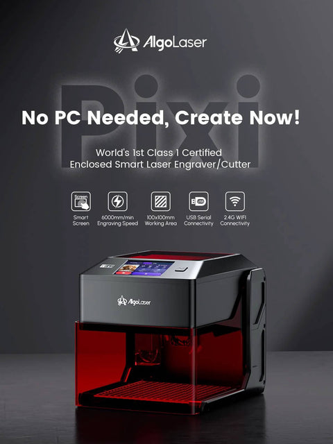 AlgoLaser 10W portable laser engraver; front view with 3.5-inch touchscreen and red transparent lower chamber.
