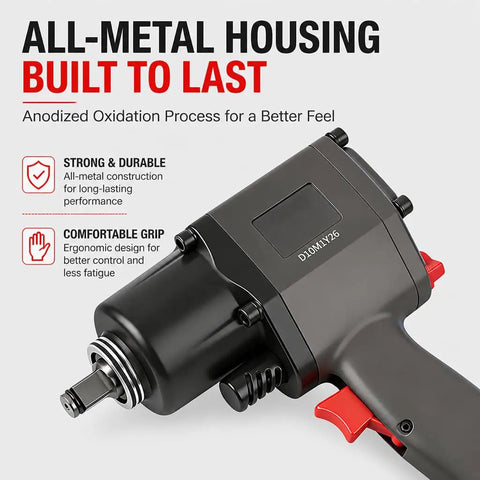 Professional Grade Half Inch Air Impact Wrench Boasting Dual Hammer Action And Stepless Speed Trigger ergonomically designed for control.