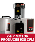 Two Stage Cyclone Dust Collector with 2 Micron Filter, 2 HP motor producing 938 CFM, focusing on motor unit and branding.