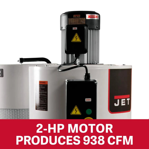 Two Stage Cyclone Dust Collector with 2 Micron Filter, 2 HP motor producing 938 CFM, focusing on motor unit and branding.