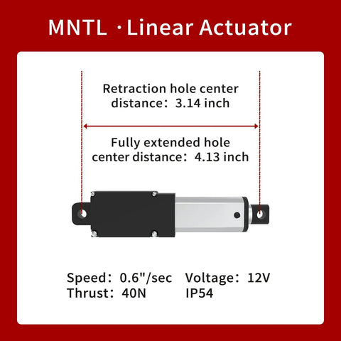 Compact 25mm Stroke Linear Actuator, 40N 8.81 Lbs Force, IP54 Aluminum Body, labeled extension measurements, 12V, 0.6 In Per Sec