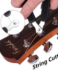 Close-up of a hand using a heavy duty string cutter on guitar tuning pegs. Upgrade Your Guitar Game With This Pro 3-In-1 String Winder Tool.