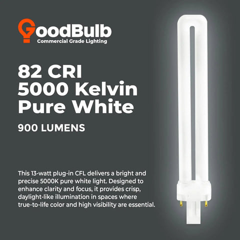 13 Watt GX23 Base CFL Light Bulbs 5000K Daylight 800 Lumens Single Tube Plug-In Fluorescent Lamps 2-Pin Retrofit for Can Lights