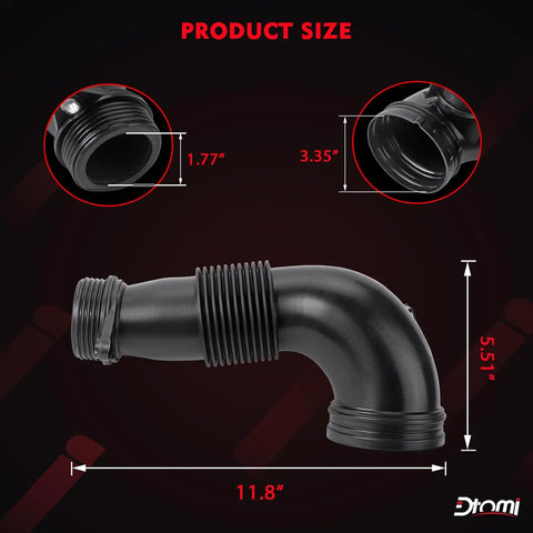 Black Engine Air Intake Hose For BMW Heavy Duty Air Duct Tube with measurements, side view, Fit 228i 320i 328i XDrive 528i 2012-2017