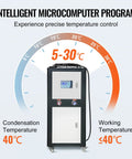 Heavy Duty Industrial Water Chiller Featuring Rapid Air Cooled Setup And Slick Temperature Regulation With Six Horsepower Auto Pump And Stainless Steel Reservoir Tank showing the microcomputer control with temperature range 5-30°C.