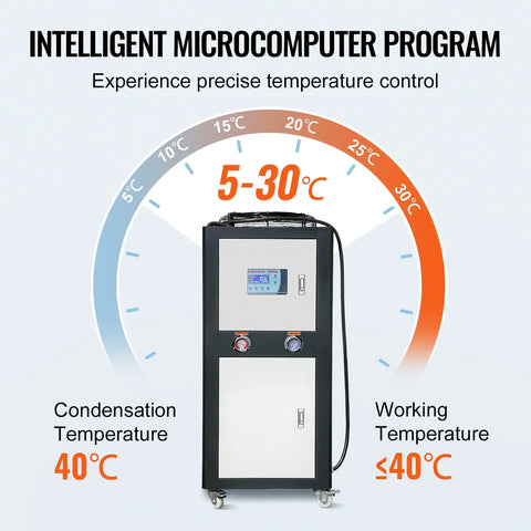 Heavy Duty Industrial Water Chiller Featuring Rapid Air Cooled Setup And Slick Temperature Regulation With Six Horsepower Auto Pump And Stainless Steel Reservoir Tank showing the microcomputer control with temperature range 5-30°C.