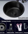 Stainless Steel Kitchen Sink With Black Faucet For Small Kitchens Built Tough Undermount Or Drop In Single Basin Mini Bar Sink 11.8 Inch Wide Ideal For Busy Homes Apartments, showing round black basin and package details with accessories.