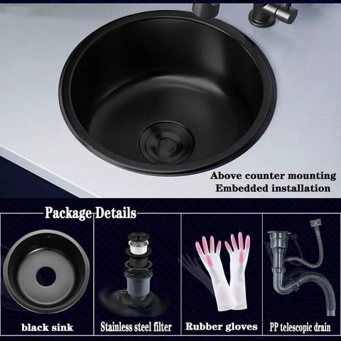 Stainless Steel Kitchen Sink With Black Faucet For Small Kitchens Built Tough Undermount Or Drop In Single Basin Mini Bar Sink 11.8 Inch Wide Ideal For Busy Homes Apartments, showing round black basin and package details with accessories.
