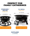 Comparison of standard 19-inch and XL 24-inch No Mess Smokeless Round Propane Fire Pit For Outdoors, ideal for gatherings.