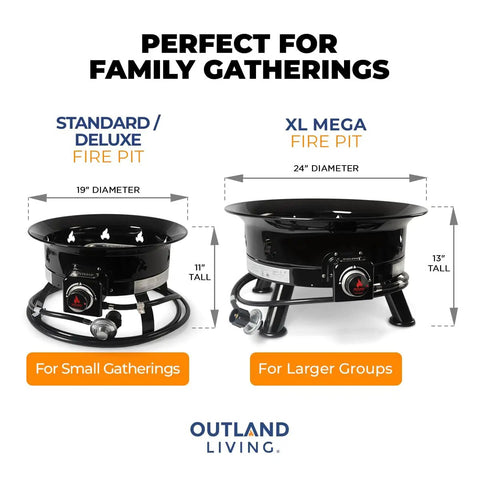 Comparison of standard 19-inch and XL 24-inch No Mess Smokeless Round Propane Fire Pit For Outdoors, ideal for gatherings.