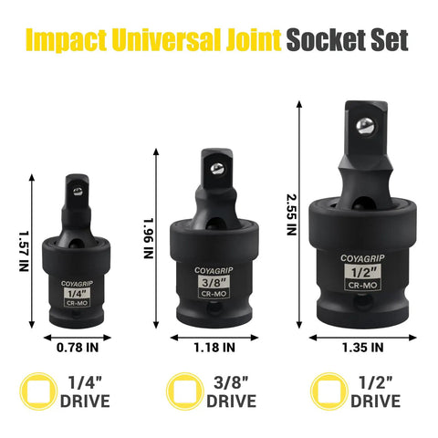 Heavy Duty Universal Joint Swivel Socket Set Three-Piece 1/2, 3/8, and 1/4 Inch Drive Flexible U-Joint Adapters in Premium CR-Mo Steel