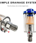 Close-up of Pro Grade Water And Oil Separator Filter with simple drainage system, showing release valve for air compressors.