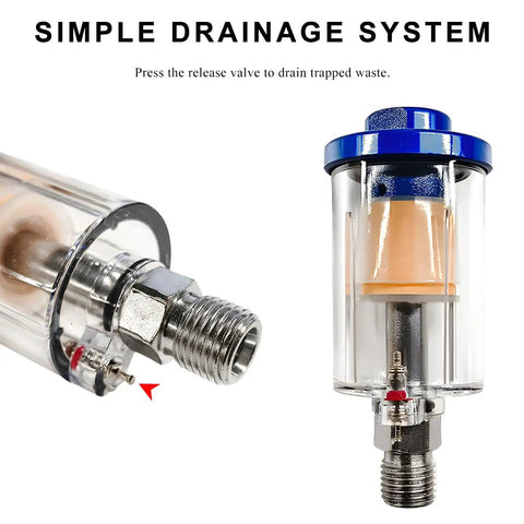 Close-up of Pro Grade Water And Oil Separator Filter with simple drainage system, showing release valve for air compressors.