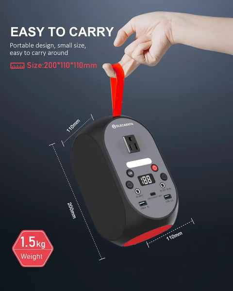 Hand holding 99Wh Portable Power Station With LiFePO4 Battery, 120W Continuous Output, 200W Peak, USB C PD 30W, AC and DC Outputs.