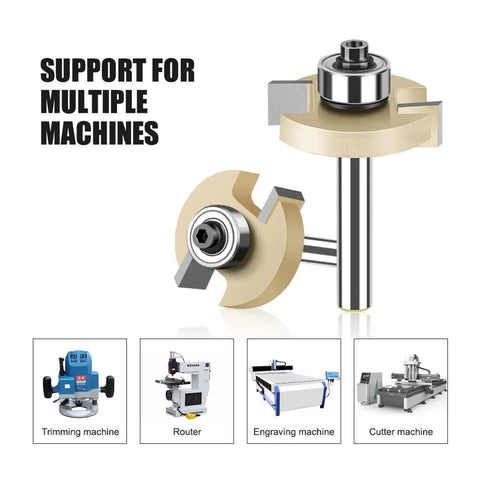 Must Have Heavy Duty Rabbeting Router Bit 1-1/4 In With Precision Bearing and 6mm or 1/4 Inch Shank shown for multiple machine uses.