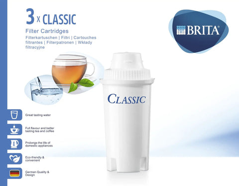 Three Pack Water Filter Cartridges For Clean Tasting Hot And Cold Drinks, Reduces Chlorine And Limescale For Cleaner Water, Fits All Classic Jugs, About One Month Of Fresh Water Per Cartridge, One Hundred Percent Recyclable And Easy To Use. Featured in packaging with blue accents and BRITA logo.