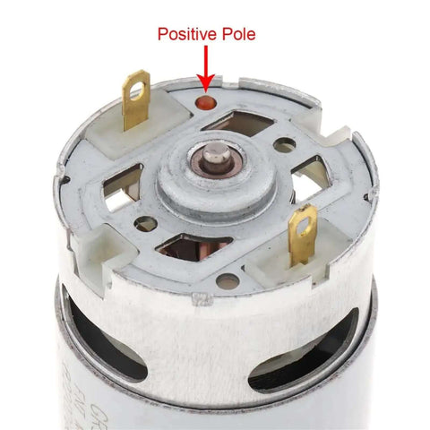 Close-up of Heavy Duty Rs550 DC Motor With 11 Tooth Gearbox showing positive pole and terminals for cordless drill upgrades.